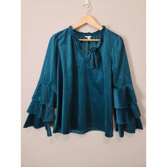 Cato Tops - Cato Teal Velvet Ruffle Tiered Bell Sleeve Blouse Tassel Tie V-Neck Top Large